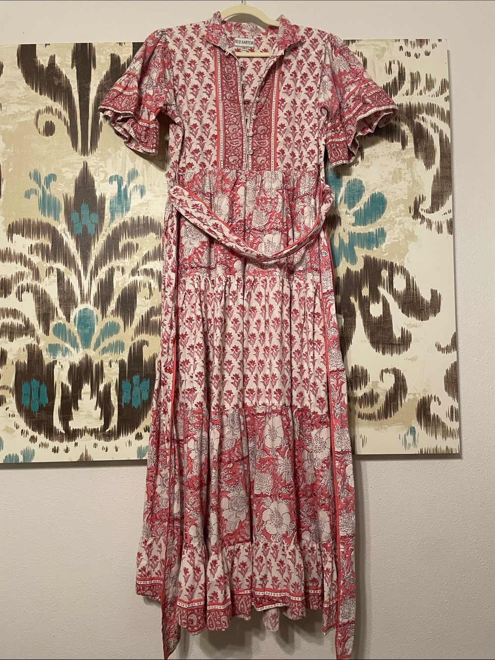 SUE SARTOR Vintage-Inspired Pink Floral Tiered Maxi Dress